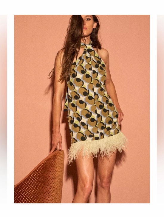 Zara Dresses & Skirts - Zara Olive Green Geometric Mini Dress with Feather Hem